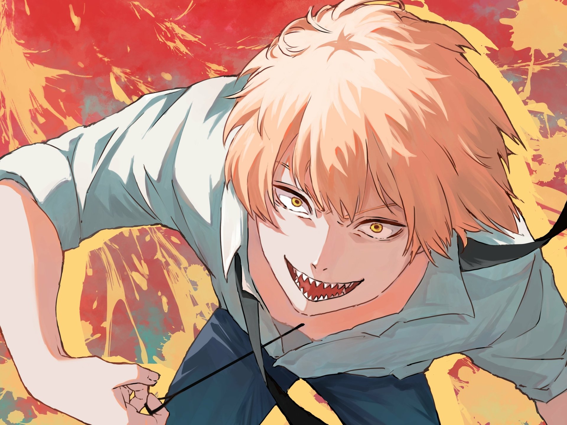 Denji (Chainsaw Man) snarling with a chainsaw grin against a fiery backdrop — Anime 2K Quad HD PC desktop wallpaper and background.