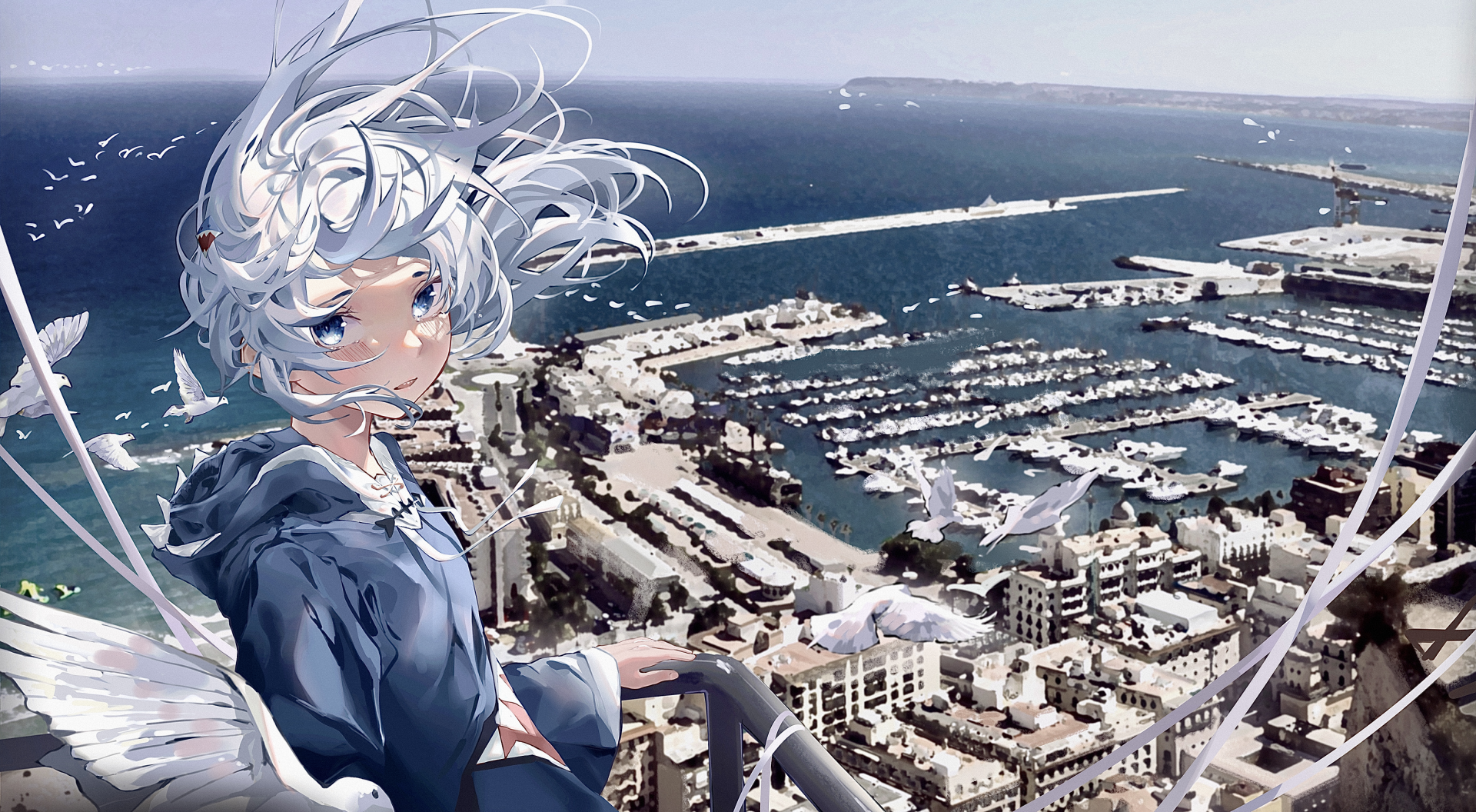 Anime-style HD desktop wallpaper featuring Virtual YouTuber Gawr Gura with flowing white hair overlooking a detailed marina and cityscape background.