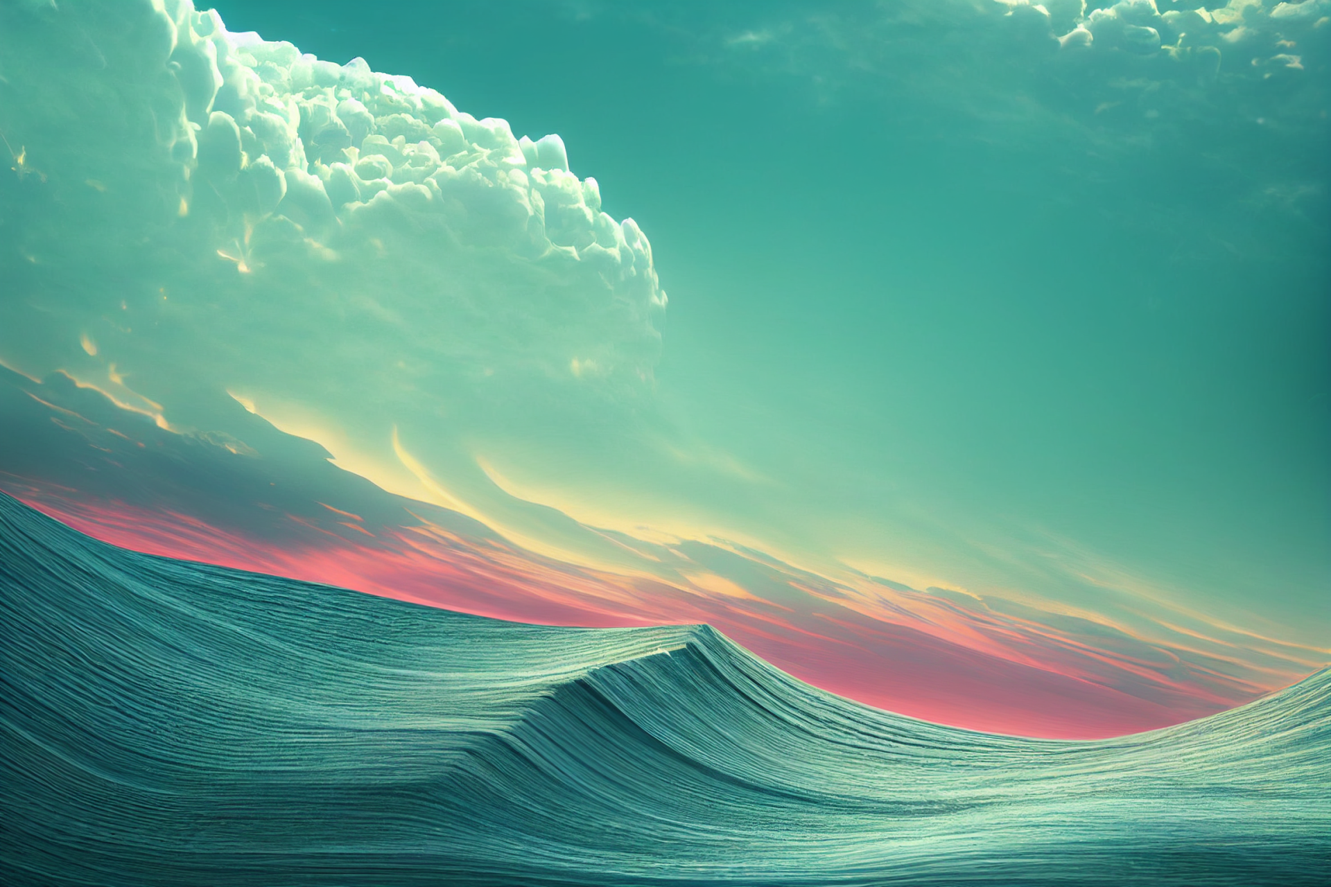 Colorful AI art of a surreal ocean wave under a vibrant sky with dramatic clouds, designed as a high-definition PC desktop wallpaper and background.