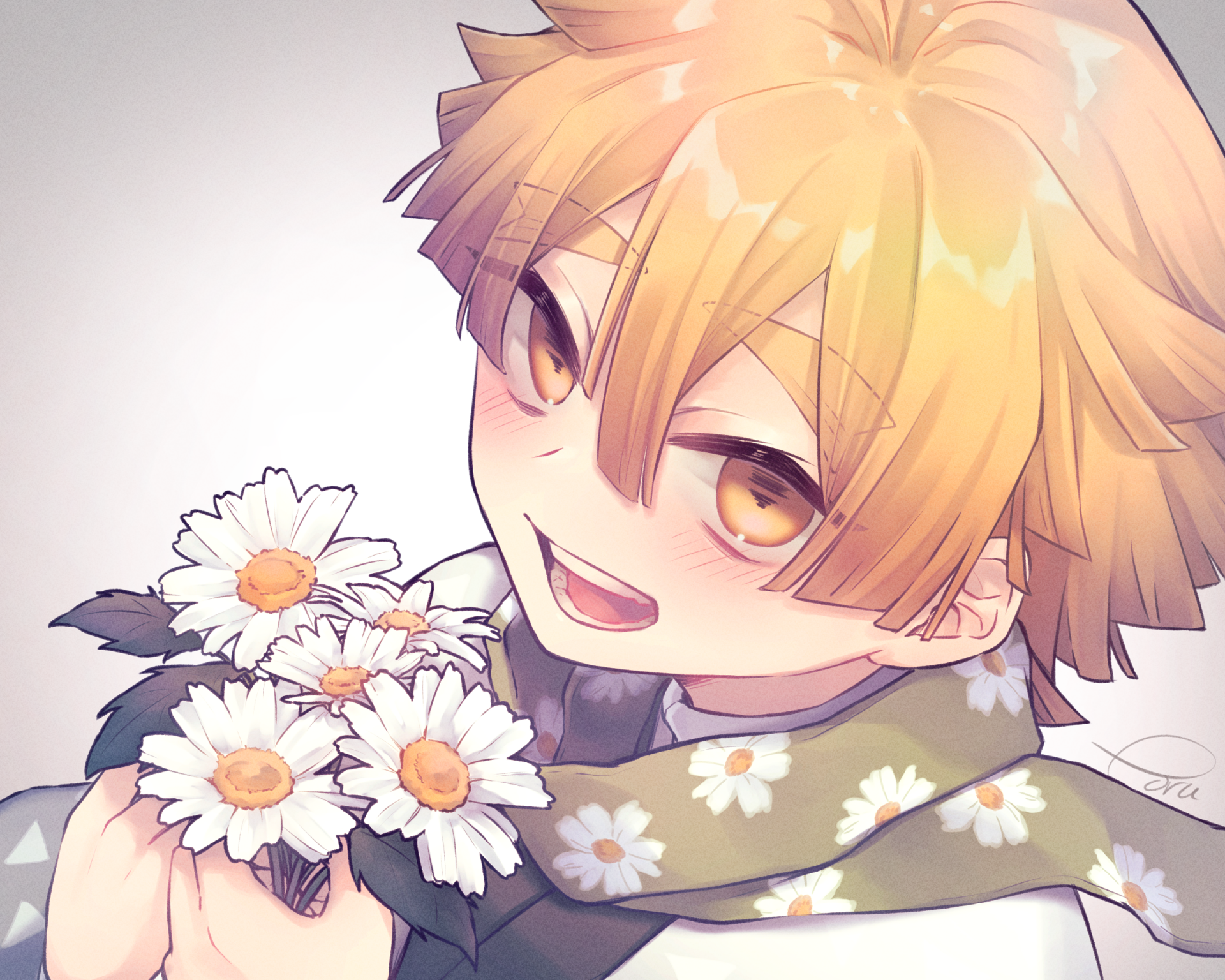 HD anime desktop wallpaper featuring Zenitsu Agatsuma from Demon Slayer: Kimetsu no Yaiba holding white daisies with a bright, soft background.