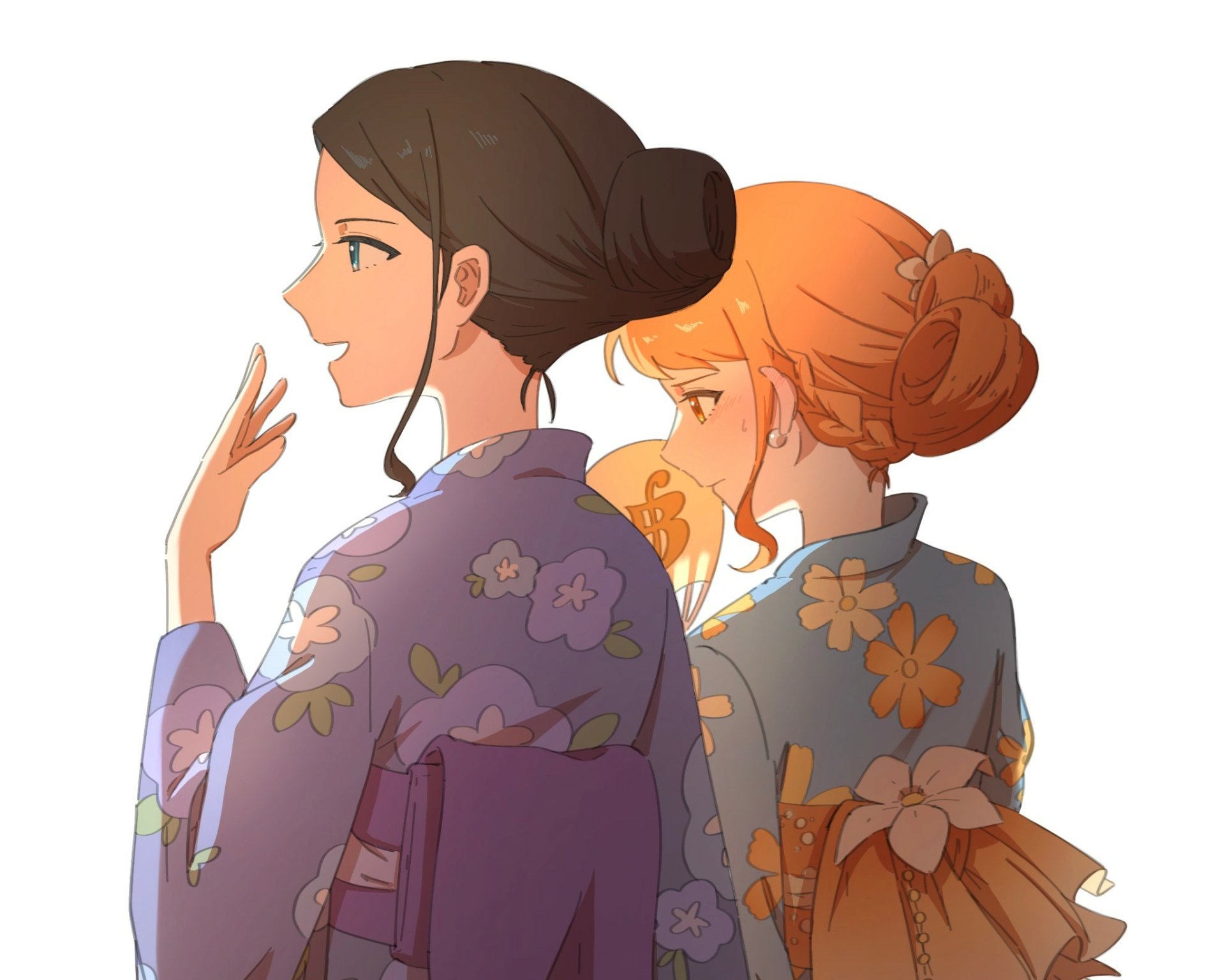 HD PC desktop wallpaper of Nami (One Piece) and Nico Robin in anime style, wearing floral kimonos, shown in soft side profiles against a light background.