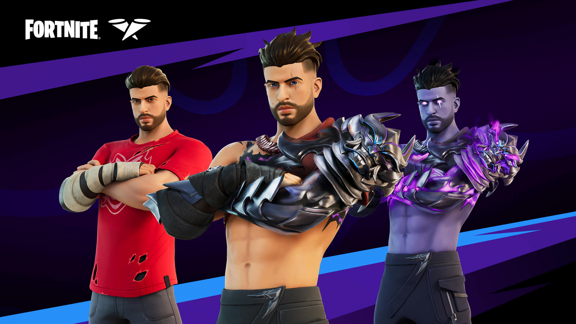 Fortnite video game HD PC desktop wallpaper: three male characters — left in a red shirt, center with an armored cybernetic arm, right glowing purple — on a dynamic purple-blue background.
