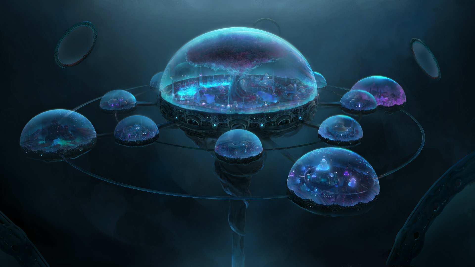 HD PC desktop wallpaper depicting a futuristic fantasy city enclosed in glowing transparent domes connected by illuminated pathways, set against a dark, mysterious backdrop.