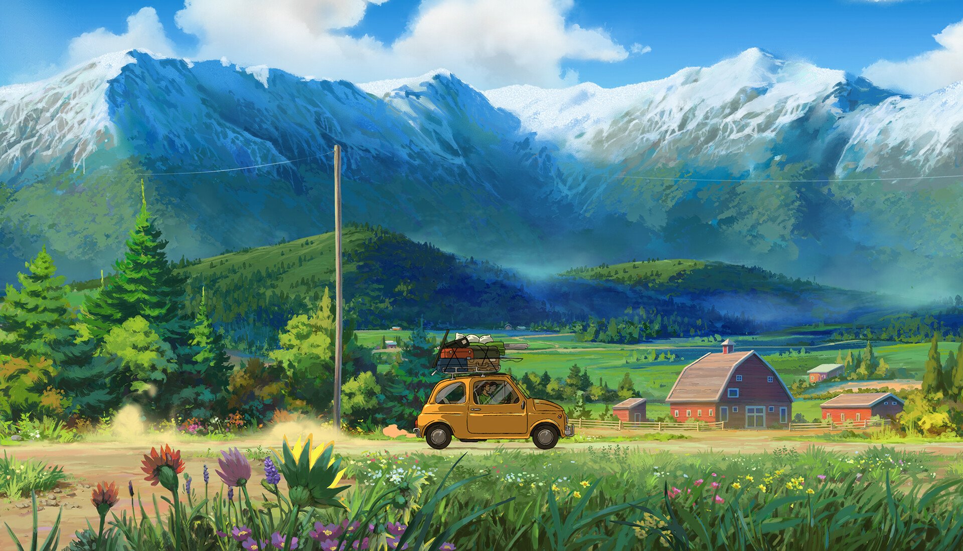 HD anime landscape desktop wallpaper depicting a scenic countryside with a yellow car driving past colorful wildflowers, lush fields, and snow-capped mountains under a bright blue sky.