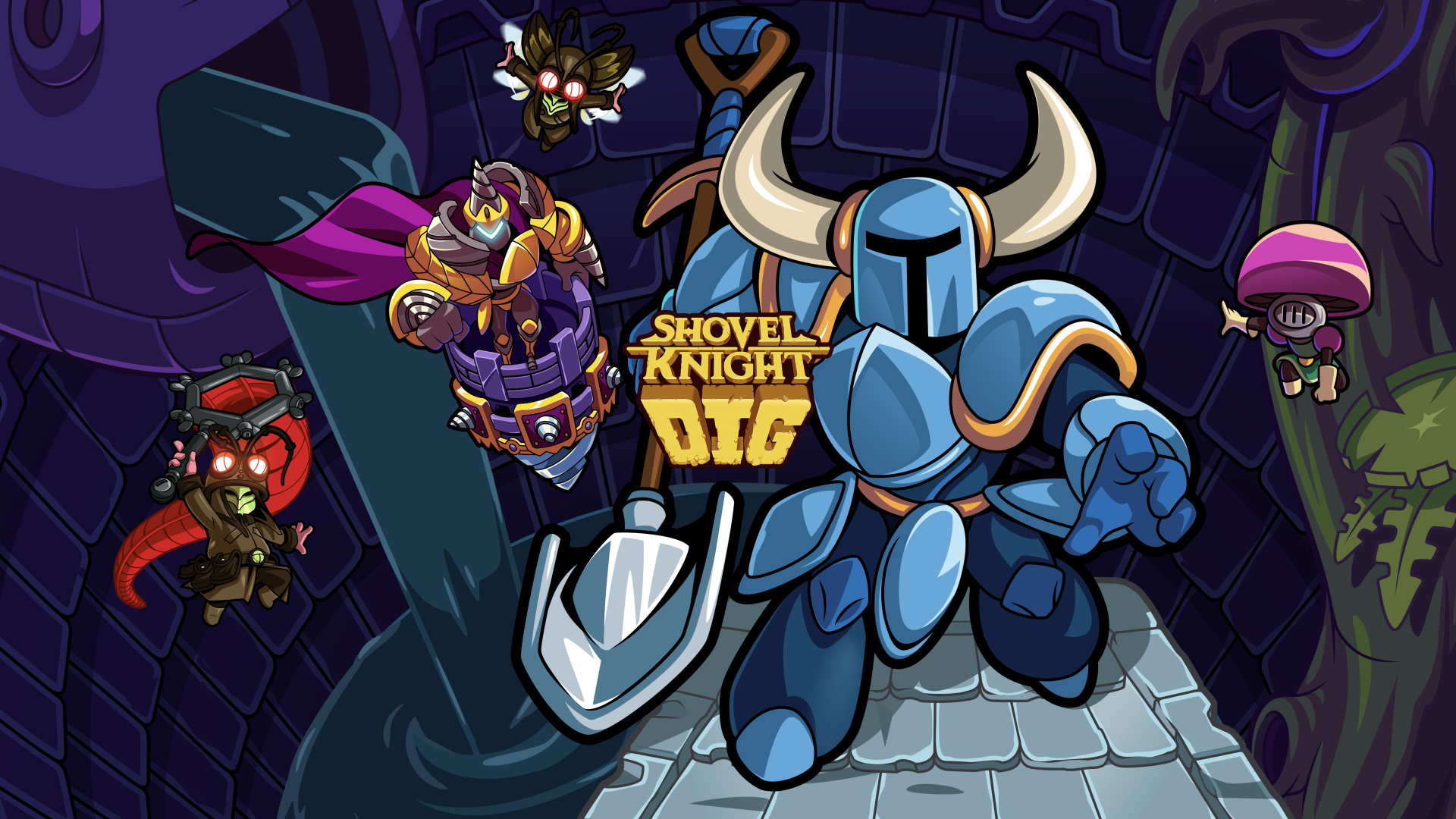4K Ultra HD PC wallpaper featuring Shovel Knight Dig characters in dynamic poses against a dark, underground dungeon backdrop from the video game.
