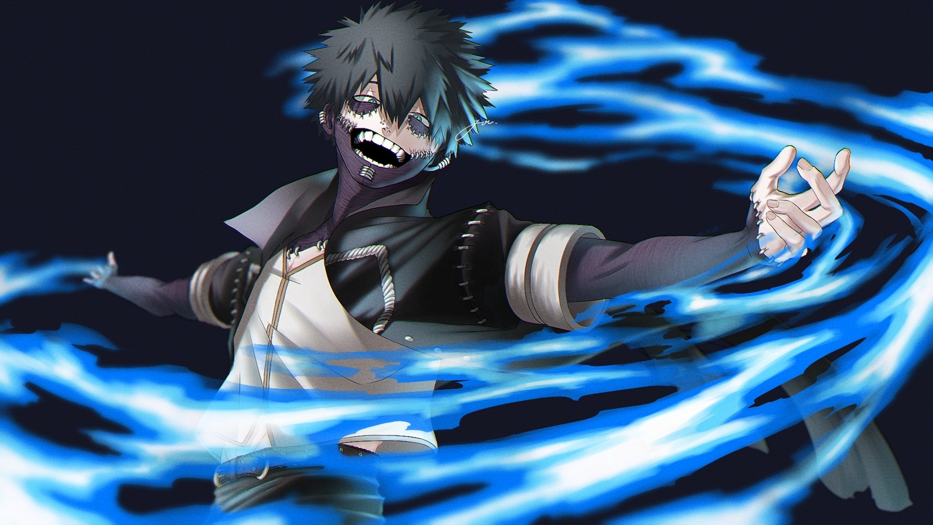 HD anime desktop wallpaper featuring Dabi from My Hero Academia, surrounded by intense blue flames against a dark background.