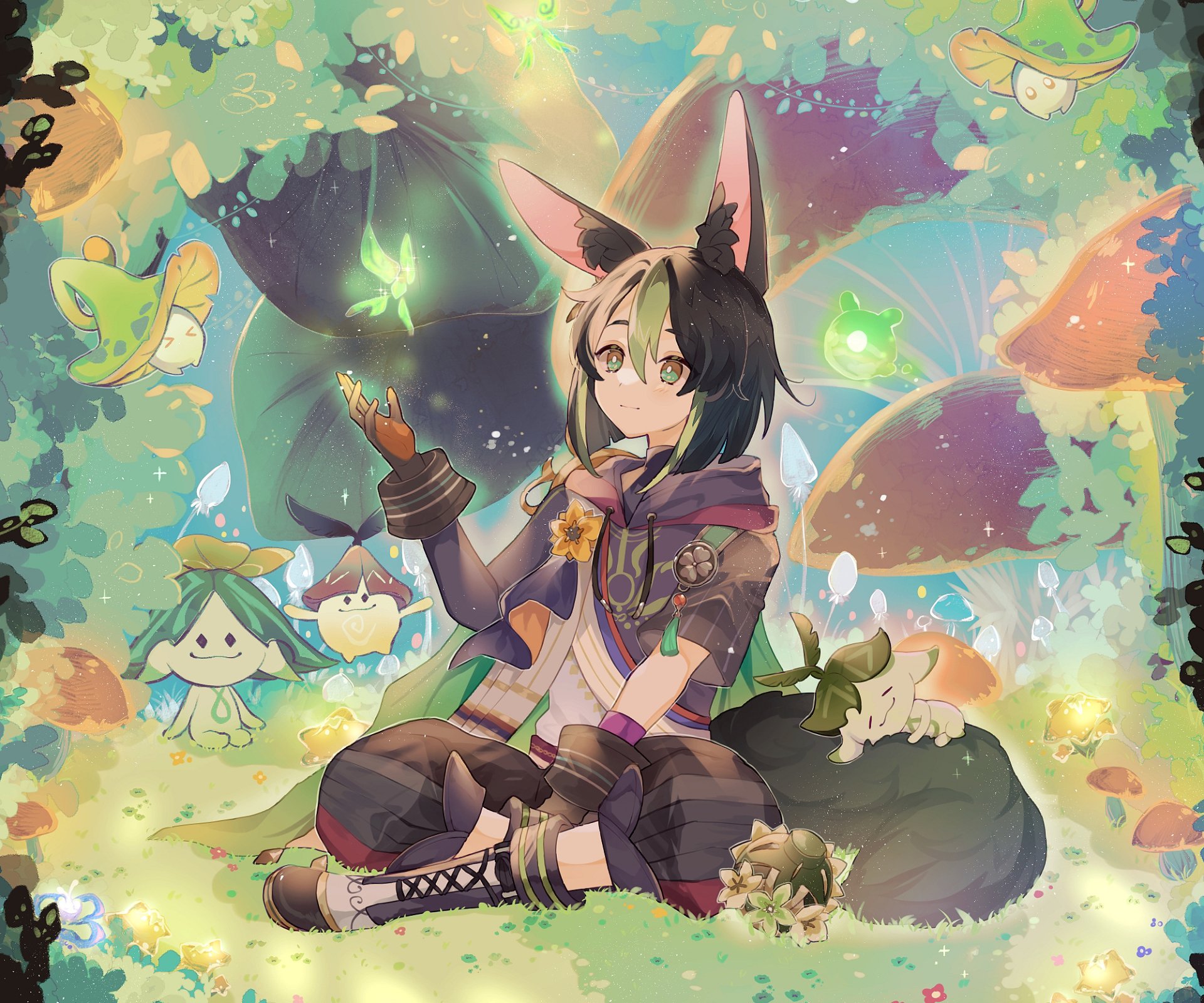 HD PC desktop wallpaper featuring Tighnari from Genshin Impact surrounded by glowing Aranara and vibrant forest elements.