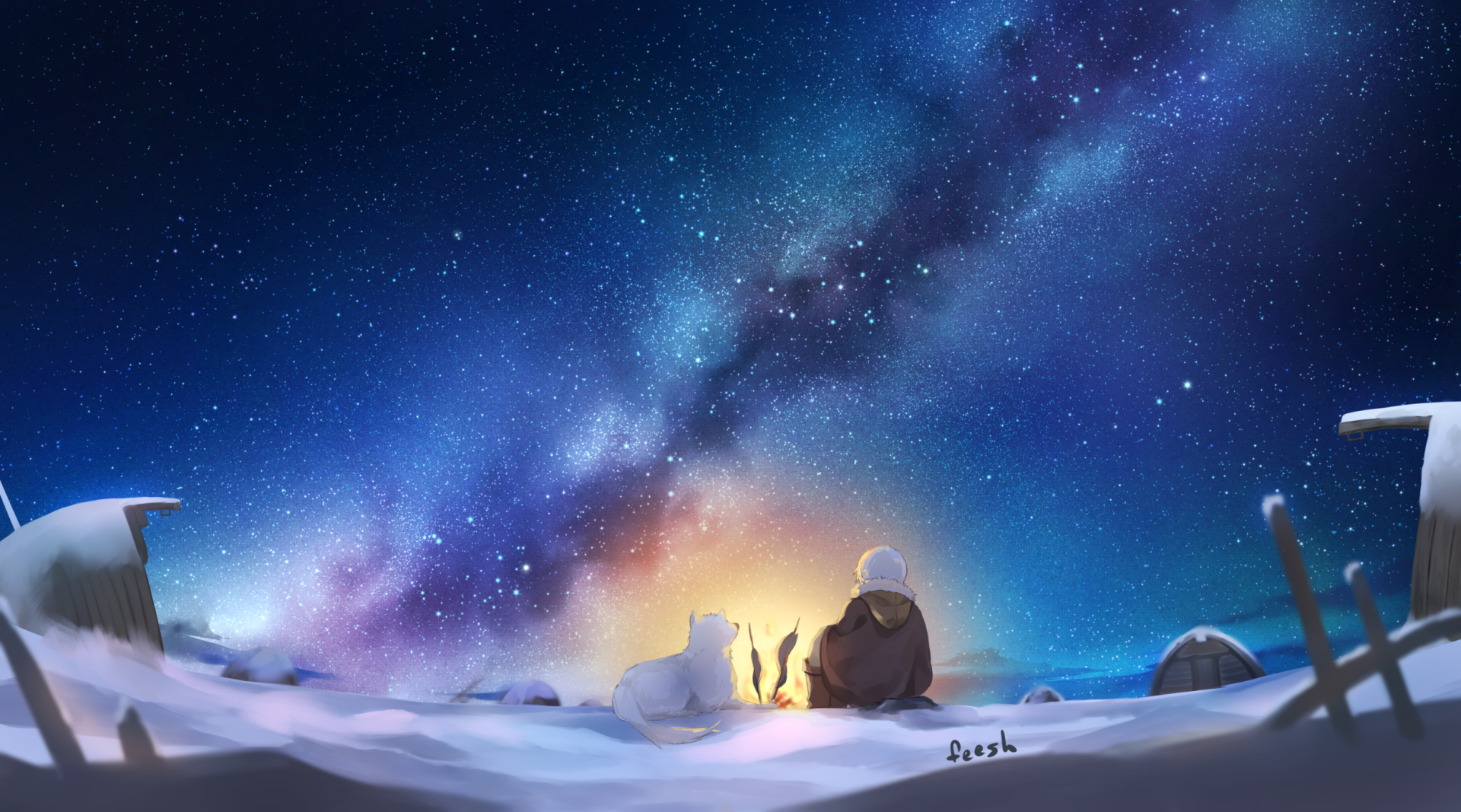 HD PC desktop wallpaper featuring an anime scene from To Your Eternity, showing a character and a white wolf sitting under a starry, vibrant night sky.