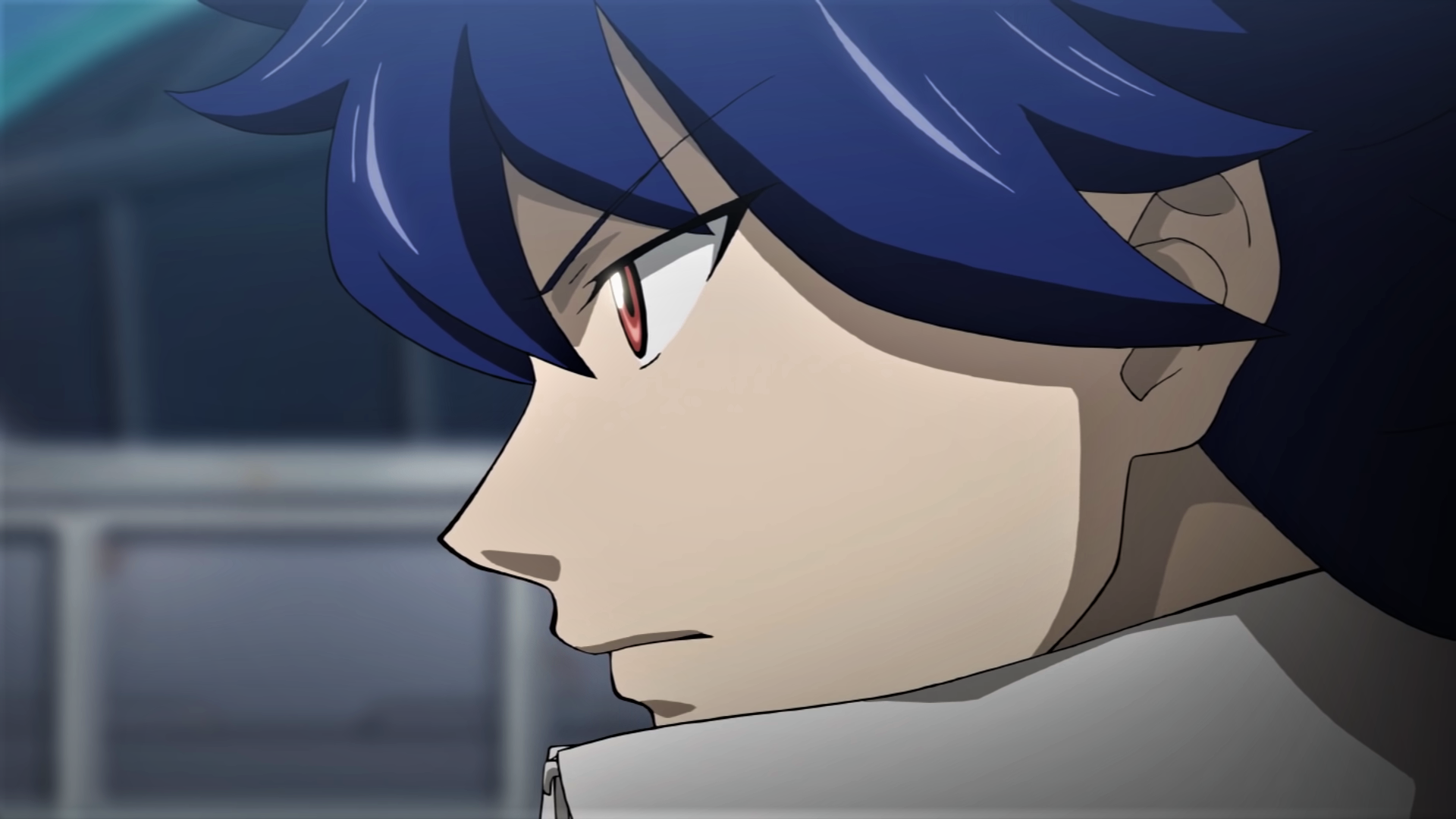 HD PC desktop wallpaper featuring a close-up side profile of a serious anime character from the Pokémon video game series.