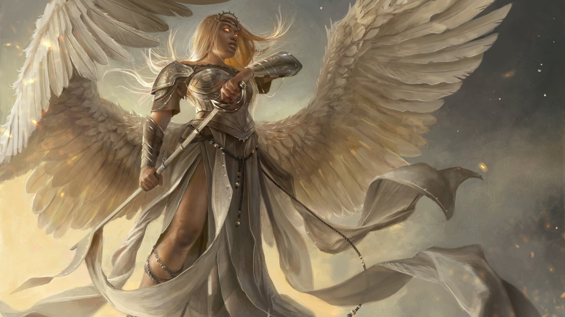A powerful fantasy warrior angel with large wings and armor wields a weapon amidst a war-torn, atmospheric background, captured in stunning 4K Ultra HD detail.