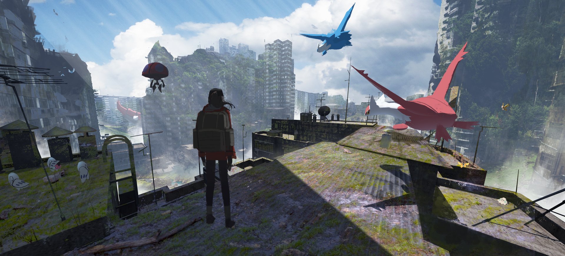 HD PC desktop wallpaper featuring a post-apocalyptic cityscape with a character observing flying Pokémon, blending video game and Pokémon elements.