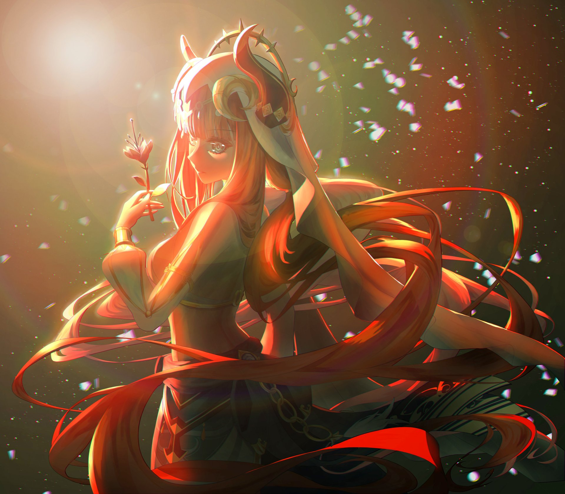 Nilou from Genshin Impact bathed in warm backlight, flowing ribbons and petals around her as she holds a flower — vibrant, detailed 5K Ultra HD PC desktop wallpaper and background.