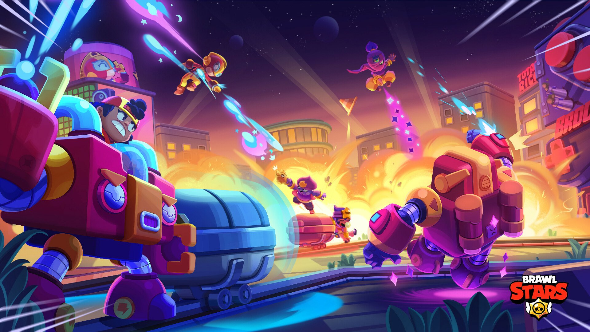HD PC desktop wallpaper featuring vibrant characters and action from the video game Brawl Stars set in a dynamic, futuristic urban battlefield.