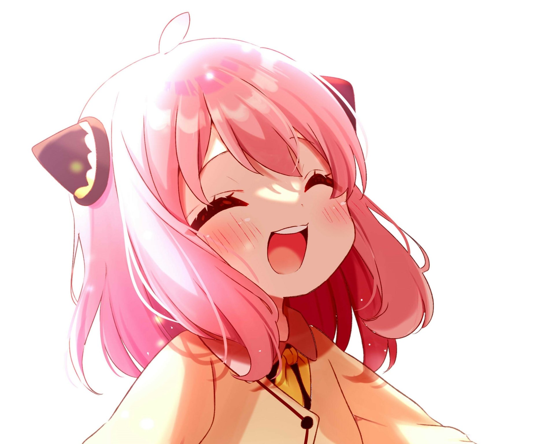 HD anime desktop wallpaper featuring a joyful Anya Forger from Spy x Family with her signature pink hair and expressive face.