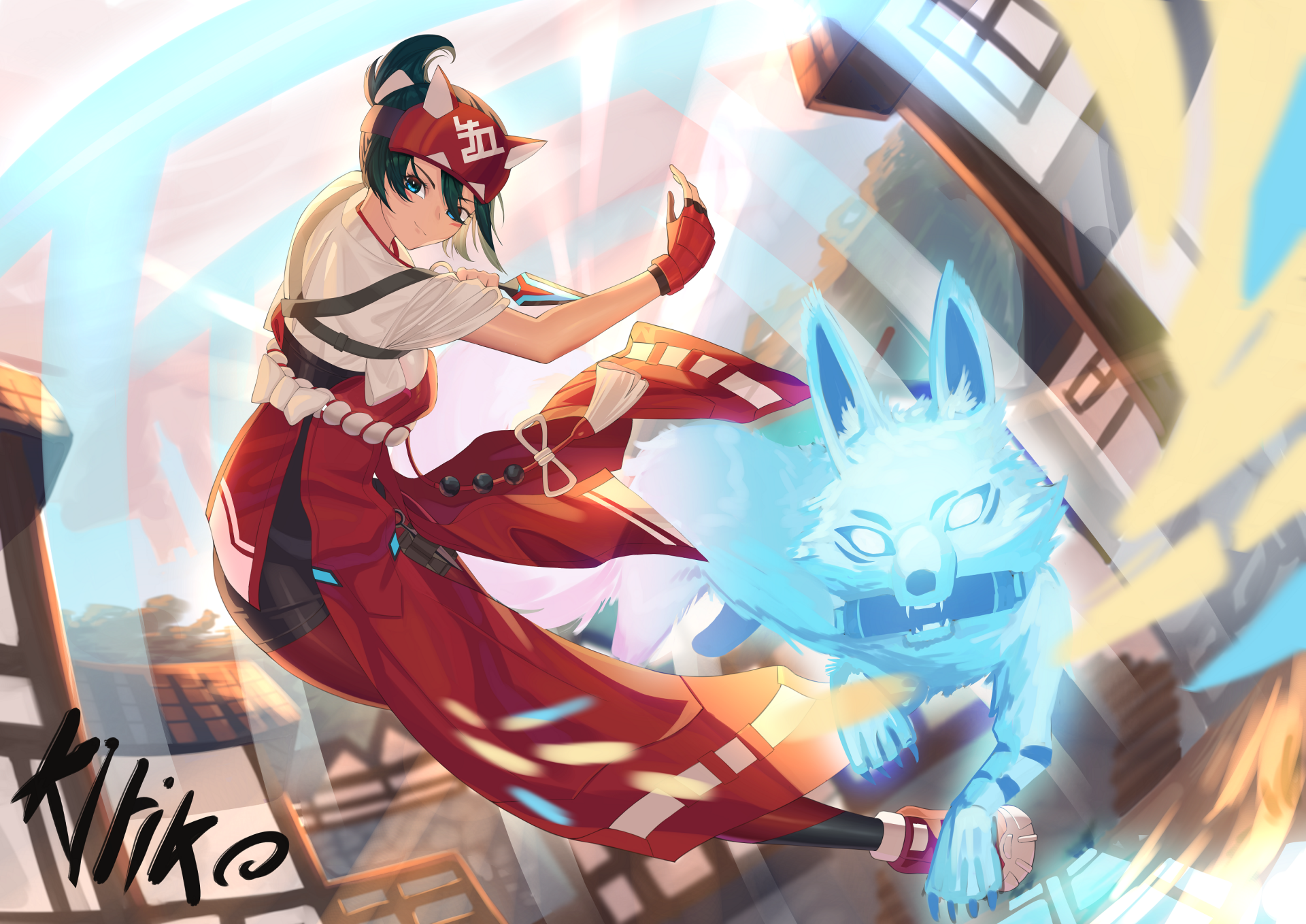 HD PC desktop wallpaper featuring Kiriko from Overwatch 2, showcasing dynamic action with vibrant colors and a glowing blue fox spirit companion.