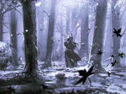 HD fantasy samurai standing in a misty, snow-covered forest surrounded by falling leaves, captured in a striking PC desktop wallpaper background.
