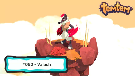 A vibrant HD wallpaper featuring Valash, the Temtem #050, standing on a rocky outcrop with a bright background, capturing the essence of the beloved video game Temtem.