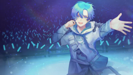 HD PC desktop wallpaper of Holostars' Regis Altare — an anime virtual YouTuber with blue hair performing on stage, reaching out to a glowing crowd of light sticks.