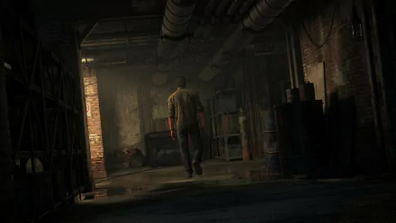 HD PC desktop wallpaper of Joel from the video game The Last of Us Part I, walking down a dim industrial corridor in a grim, rain‑slick post‑apocalyptic setting.