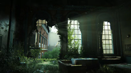 HD PC wallpaper from The Last of Us Part I: sunlit, overgrown ruin of a grand room with broken windows and lush vegetation reclaiming the interior, post-apocalyptic video game scene.
