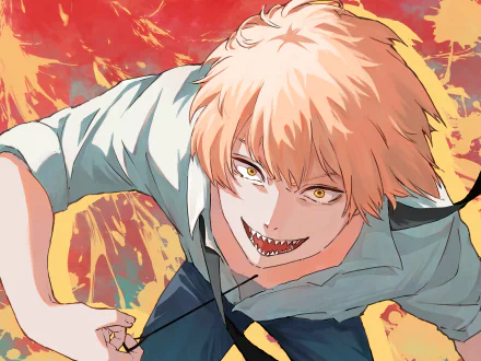 Denji (Chainsaw Man) snarling with a chainsaw grin against a fiery backdrop — Anime 2K Quad HD PC desktop wallpaper and background.