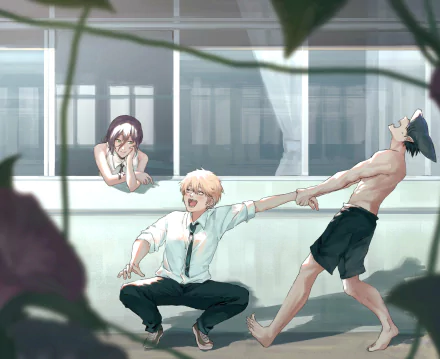 HD PC desktop wallpaper/background from Chainsaw Man anime: Denji (Chainsaw Man) laughs, holding a shirtless companion's hand while Reze (Chainsaw Man) watches from a windowsill.