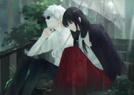 HD PC desktop wallpaper featuring Utahime Iori and Satoru Gojo from the anime Jujutsu Kaisen, depicted together under an umbrella in a rainy setting.