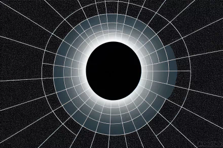 Minimalist 2D vector digital art of a glowing abstract space portal with grid lines on a black starry background, designed as an HD PC desktop wallpaper.