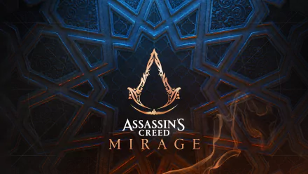 Assassin’s Creed Mirage logo set against a detailed, dark geometric background in 4K Ultra HD, designed as a PC desktop wallpaper for the video game.