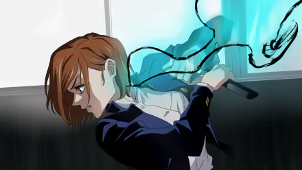 HD PC desktop wallpaper featuring Nobara Kugisaki from the anime Jujutsu Kaisen, depicted in dynamic action with a glowing blue aura.