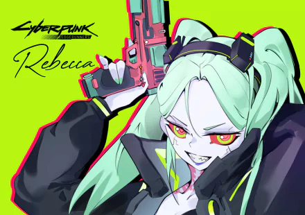 Rebecca (Cyberpunk: Edgerunners) anime HD PC desktop wallpaper: grinning mint‑haired twin‑tailed cyberpunk girl brandishing a pink gun against a neon green backdrop.