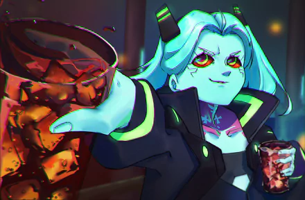 Rebecca (Cyberpunk: Edgerunners) anime in 2K Quad HD PC desktop wallpaper and background — neon-lit cyberpunk bar, cyan hair, cocky grin, arm extended with a glowing drink.