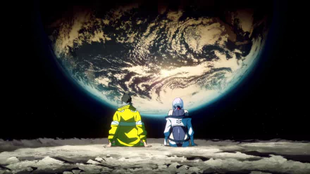 HD wallpaper from Cyberpunk: Edgerunners featuring anime characters Lucy and David sitting together, gazing at Earth from a lunar surface background.