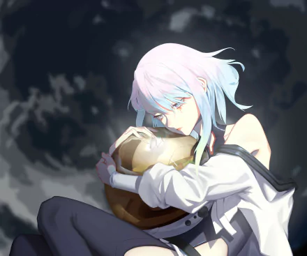 HD anime wallpaper of Lucy from Cyberpunk: Edgerunners, featuring her with light blue hair holding a golden helmet against a dark, smoky background.