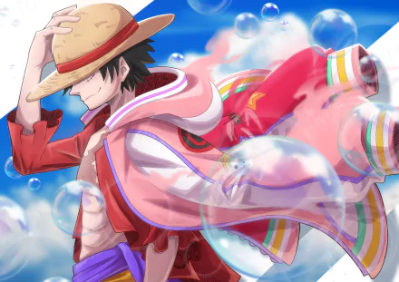 Vibrant 4K Ultra HD wallpaper featuring Monkey D. Luffy from the anime One Piece, showcasing dynamic motion with bubbles and colorful attire against a bright sky background.