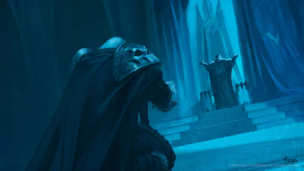 HD PC desktop wallpaper featuring a dark, cloaked figure approaching an ominous throne in a chilling, icy environment from the World of Warcraft video game.