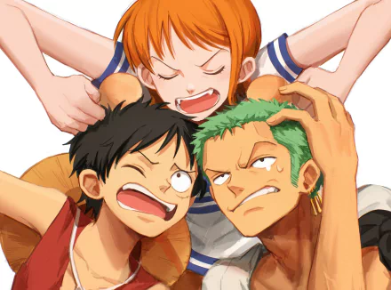 HD anime wallpaper featuring Roronoa Zoro, Nami, and Monkey D. Luffy from One Piece in a playful, dynamic pose.
