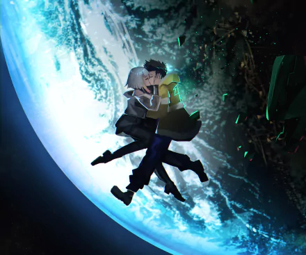 HD PC desktop wallpaper featuring David and Lucy from the anime Cyberpunk: Edgerunners, set against a glowing Earth backdrop in a dynamic, futuristic scene.