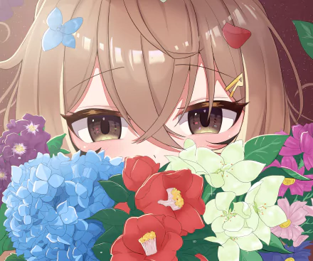 Hololive VTuber Nanashi Mumei anime portrait peeking over hydrangeas, camellias and white blooms — 2K Quad HD PC desktop wallpaper/background