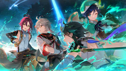 HD PC desktop wallpaper featuring Kaedehara Kazuha, Shikanoin Heizou, Xiao, and Venti from the video game Genshin Impact in dynamic action poses.