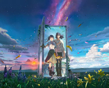 HD desktop wallpaper featuring anime characters Souta Munakata and Suzume Iwato from Suzume no Tojimari standing together in front of an open door with a vibrant sky and picturesque landscape in the background.