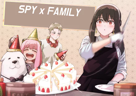 4K Ultra HD anime wallpaper featuring Yor Forger, Loid Forger, Anya Forger, and Bond from Spy x Family celebrating with a cake in a festive setting.