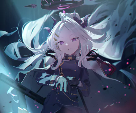 HD PC desktop wallpaper featuring Sorasaki Hina from the video game Blue Archive in a dynamic, dark-themed illustration with glowing accents.