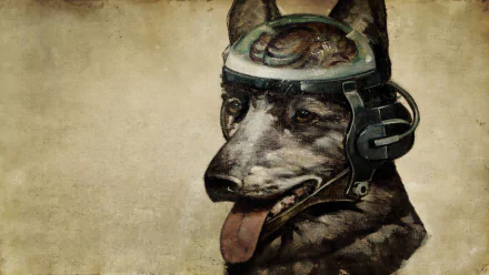 HD PC desktop wallpaper of Rex, the cyberdog from the video game Fallout: New Vegas, featuring a detailed portrait with a worn, textured background.