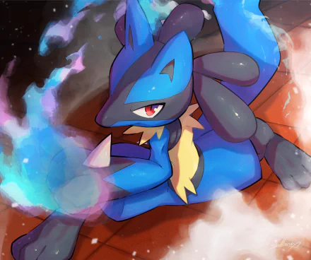 HD PC desktop wallpaper featuring Lucario from Pokémon: Diamond and Pearl, captured in a dynamic pose with glowing energy effects.