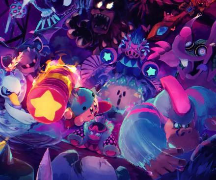 HD desktop wallpaper featuring Kirby and other characters from the video game, set in a vibrant and dynamic scene with purple and pink tones.