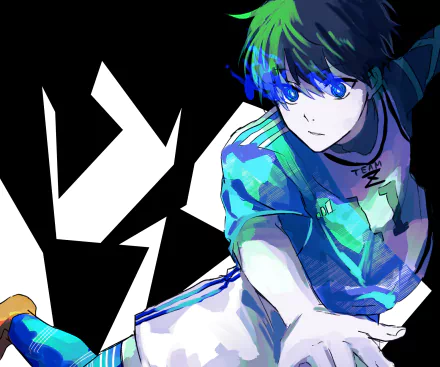 HD anime wallpaper featuring Isagi Yoichi from Blue Lock, depicted with blue-toned shading and dynamic pose against a bold black and white geometric background.