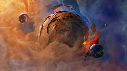 HD Moonbreaker themed desktop wallpaper featuring dynamic cosmic scenery with planets and nebula clouds.