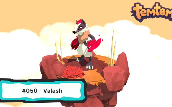 A vibrant HD wallpaper featuring Valash, the Temtem #050, standing on a rocky outcrop with a bright background, capturing the essence of the beloved video game Temtem.