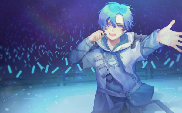 HD PC desktop wallpaper of Holostars' Regis Altare — an anime virtual YouTuber with blue hair performing on stage, reaching out to a glowing crowd of light sticks.